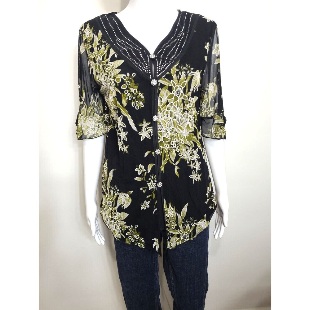 Floral Jeweled Top Womens Size Large Floral Black Green Semi Sheer Lined